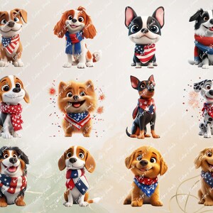 Alt Text 6:
Twelve festive dogs shown in rows including terriers, pugs, dalmatians, and spaniels wearing starry patriotic bandanas, smiling cheerfully in various poses.