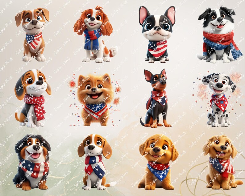 Alt Text 6:
Twelve festive dogs shown in rows including terriers, pugs, dalmatians, and spaniels wearing starry patriotic bandanas, smiling cheerfully in various poses.