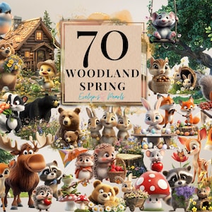 Clipart printemps des bois, animaux du printemps PNG Clipart des bois animaux de la forêt PNG Ours, cerf, renard, écureuil | Clipart à usage commercial