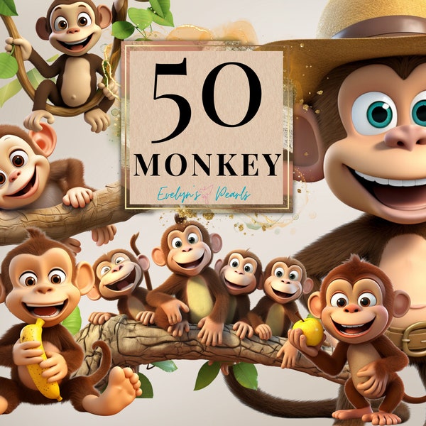 Clipart singe mignon PNG Safari animaux Clipart jungle PNG Clipart enfants Illustration de livre Kids| Clipart à usage commercial transparent