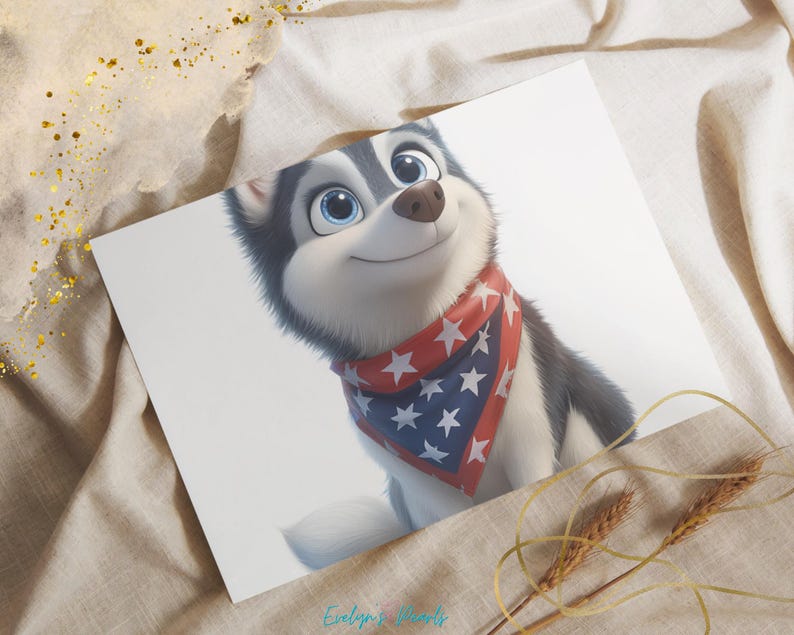 Alt Text 7:
Fourth collage of 12 cartoon dogs in July 4th outfits including scarves, hats, and fireworks in the background. Mix of small and large breeds in festive red, white, and blue.