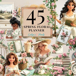 Spring Floral Planner Clipart Spring Cottage PNG Amante de livros Clipart Junk Journal Graphics Leitura Clipart Diário | Clipart de uso comercial