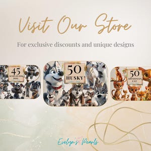 May include: Three colorful digital illustrations of dogs and cats. The first image shows a group of 45 Schnauzer dogs. The second image shows a group of 50 Husky dogs. The third image shows a group of 50 Abyssinian cats.