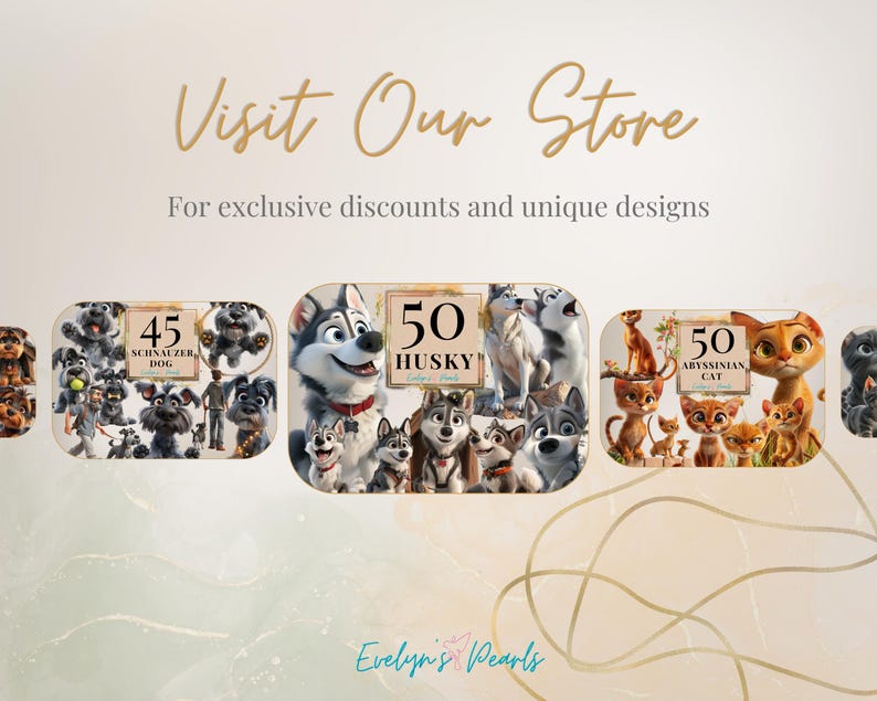 May include: Three colorful digital illustrations of dogs and cats. The first image shows a group of 45 Schnauzer dogs. The second image shows a group of 50 Husky dogs. The third image shows a group of 50 Abyssinian cats.