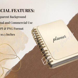 May include: A gold planner with a spiral binding and the word "planner" printed in black on the front cover. The planner is 10.3 inches by 10.3 inches.