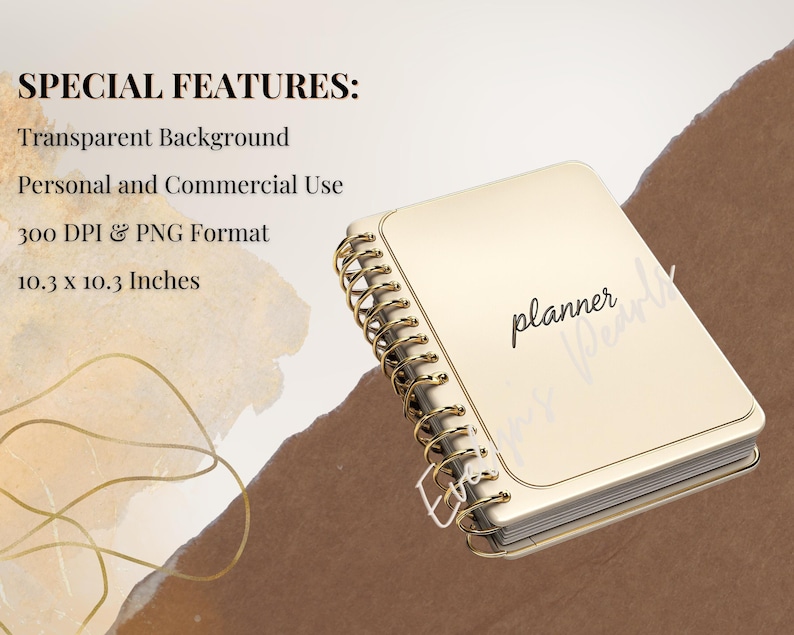 May include: A gold planner with a spiral binding and the word "planner" printed in black on the front cover. The planner is 10.3 inches by 10.3 inches.