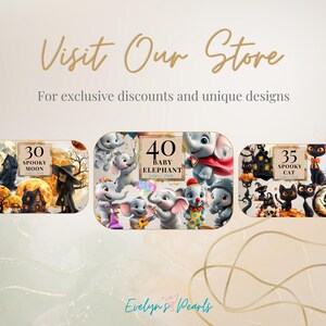 May include: Three Halloween-themed digital designs featuring a spooky moon, a baby elephant, and a spooky cat. Each design includes a number, a title, and a whimsical illustration.