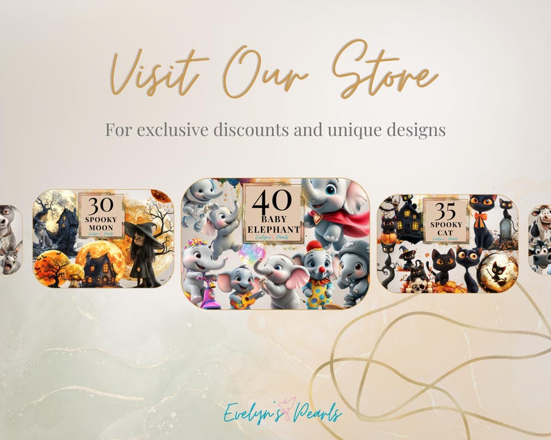 May include: Three Halloween-themed digital designs featuring a spooky moon, a baby elephant, and a spooky cat. Each design includes a number, a title, and a whimsical illustration.