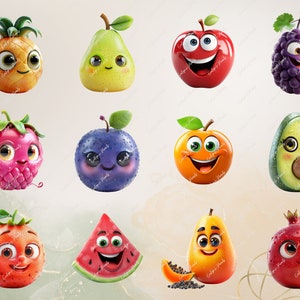 Puede incluir: Una colecci&oacute;n de 12 frutas de dibujos animados con caras sonrientes. Las frutas incluyen una pi&ntilde;a, una pera, una manzana, uvas, una frambuesa, una ciruela, una naranja, un aguacate, una sand&iacute;a, una papaya y una granada.