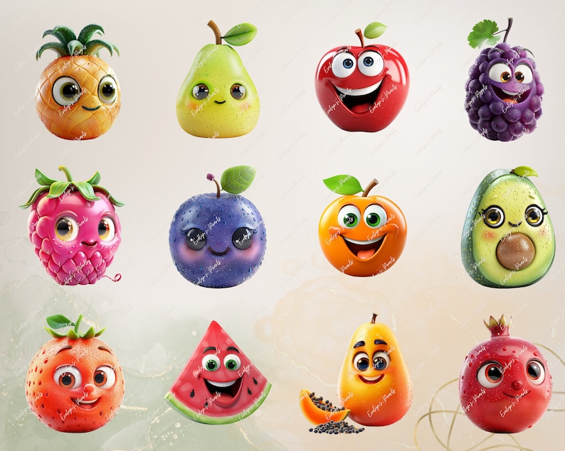 Puede incluir: Una colecci&oacute;n de 12 frutas de dibujos animados con caras sonrientes. Las frutas incluyen una pi&ntilde;a, una pera, una manzana, uvas, una frambuesa, una ciruela, una naranja, un aguacate, una sand&iacute;a, una papaya y una granada.