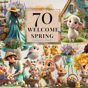 Bienvenue au printemps Clipart fille au printemps PNG Campagne, chalet printemps jardin PNG Clipart floral lapin fleurs sauvages PNG | Clipart à usage commercial