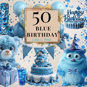 Blau Party Clipart Geburtstag Clipart Blau Ballon Clipart Kinder Party Dekor Clipart Karte PNG Rosa Kuchen| Kommerzielle Nutzung Clipart Transparent