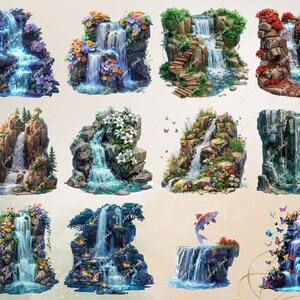 May include: Ten different digital illustrations of waterfalls cascading over rocks and greenery. Each waterfall has a unique style and features, including flowers, butterflies, and a fish.