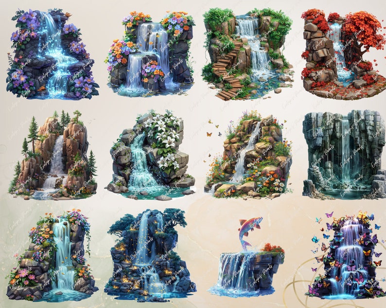 May include: Ten different digital illustrations of waterfalls cascading over rocks and greenery. Each waterfall has a unique style and features, including flowers, butterflies, and a fish.