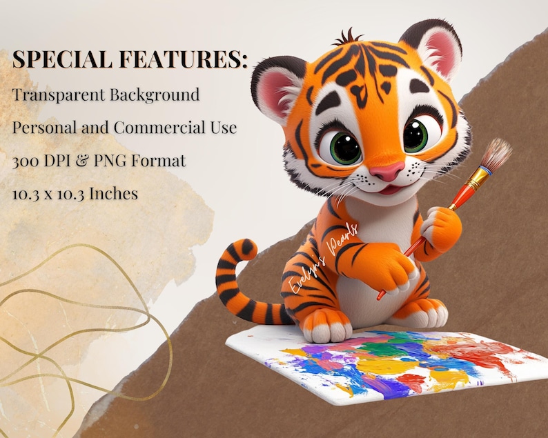 May include: A cartoon tiger cub with orange and black stripes is holding a paintbrush and standing on a white paint palette with colorful paint splatters. The tiger has a cute expression and is looking at the paintbrush. The background is a light brown color.