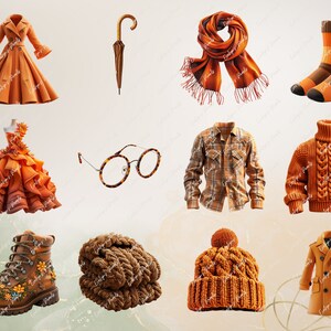 May include: A collection of orange and brown clothing and accessories, including a dress, a jumper, a hat, a scarf, a pair of socks, a pair of glasses, a pair of boots, and an umbrella.