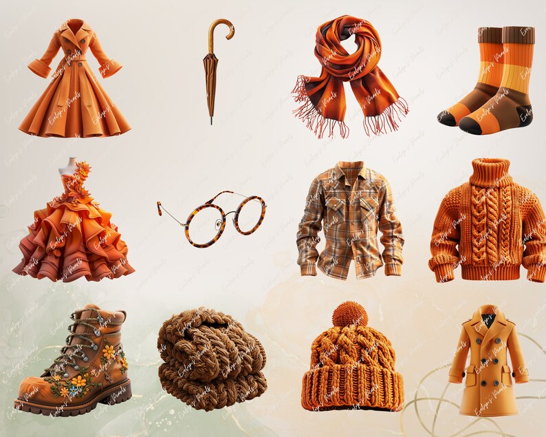 May include: A collection of orange and brown clothing and accessories, including a dress, a jumper, a hat, a scarf, a pair of socks, a pair of glasses, a pair of boots, and an umbrella.