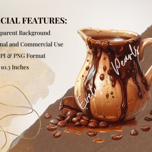 May include: A brown ceramic pitcher with a wide mouth and a handle, filled with a dark brown liquid that is dripping down the sides. The pitcher is surrounded by coffee beans and a brown background.