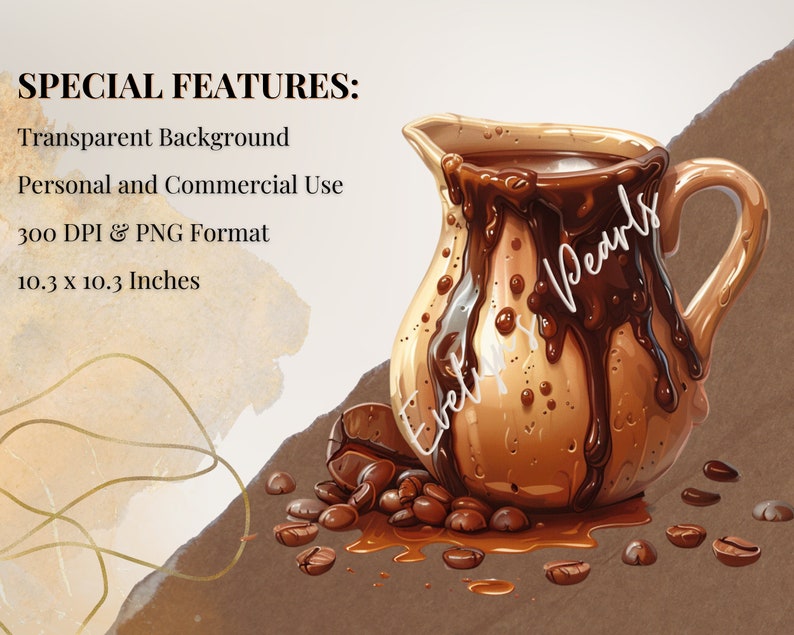 May include: A brown ceramic pitcher with a wide mouth and a handle, filled with a dark brown liquid that is dripping down the sides. The pitcher is surrounded by coffee beans and a brown background.