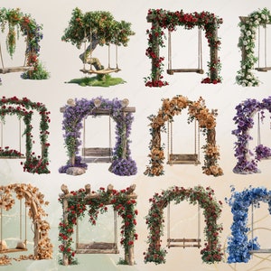 May include: A collection of 10 floral arches with swings. Each arch is decorated with different types of flowers, including roses, wisteria, and hydrangeas. The swings are made of wood and rope.