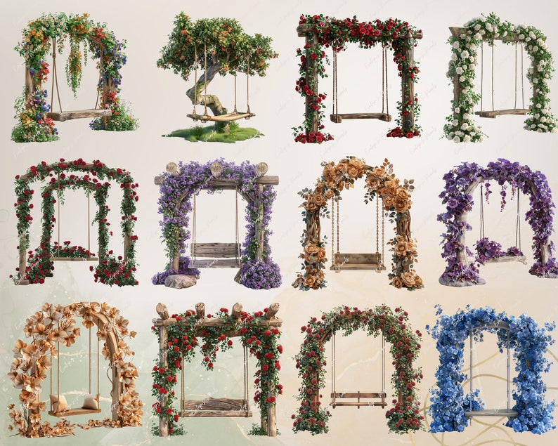 May include: A collection of 10 floral arches with swings. Each arch is decorated with different types of flowers, including roses, wisteria, and hydrangeas. The swings are made of wood and rope.