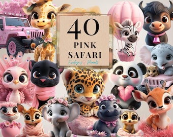 Safari Clipart Pink Safari Animal PNG Safari Friends Clipart Jungle Animal Safari PNG Birthday Decor | Commercial Use Clipart Transparent