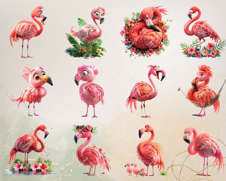 May include: A collection of pink cartoon flamingos in various poses, some with flowers, some with a hammock, and some with a tropical background.