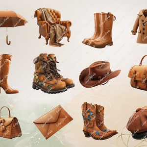 May include: A collection of brown leather goods, including a hat, boots, a purse, a satchel, a coat, an umbrella, and an armchair. The items are all made of brown leather and have a rustic, vintage look.