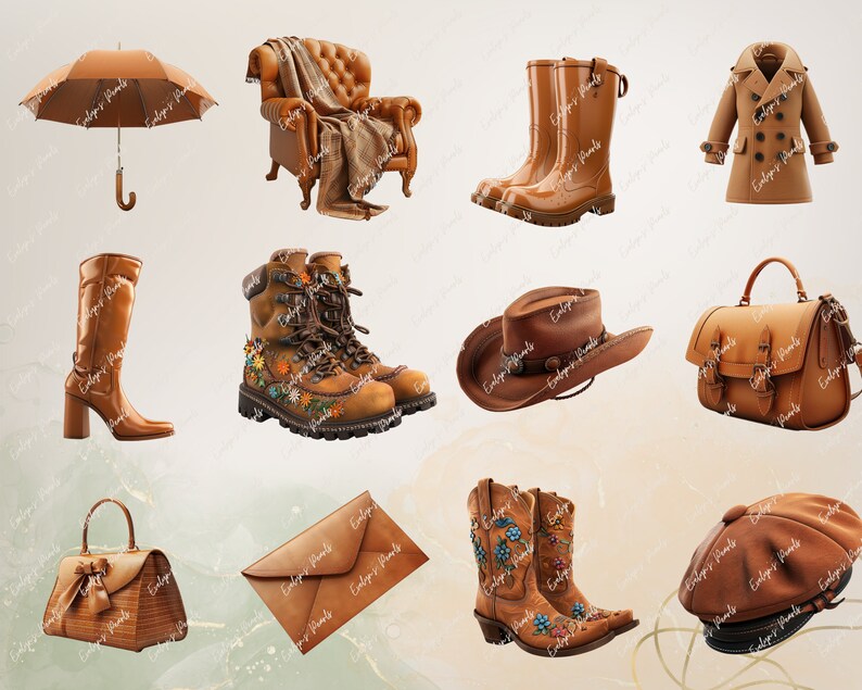 May include: A collection of brown leather goods, including a hat, boots, a purse, a satchel, a coat, an umbrella, and an armchair. The items are all made of brown leather and have a rustic, vintage look.