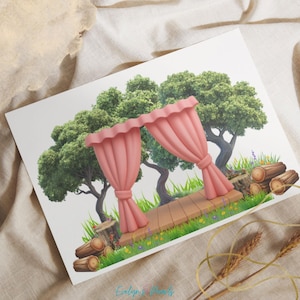 Alt Text 7:
A close-up mockup shows a printed sheet featuring the forest stage with red curtains and grassy logs, used as a backdrop for musical animals. Ideal for showcasing how the clipart appears in real projects.