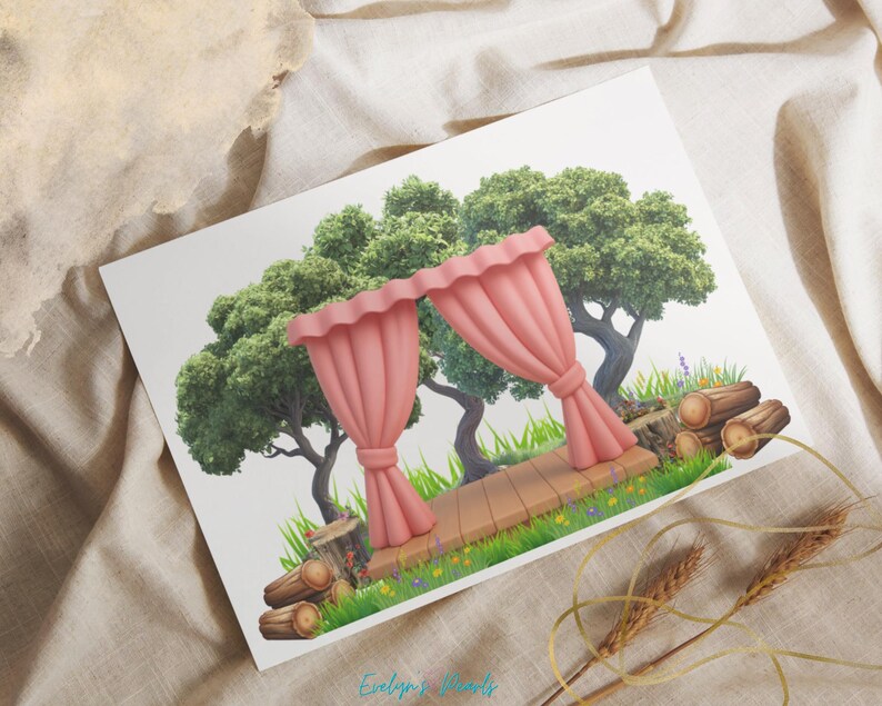 Alt Text 7:
A close-up mockup shows a printed sheet featuring the forest stage with red curtains and grassy logs, used as a backdrop for musical animals. Ideal for showcasing how the clipart appears in real projects.