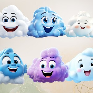 May include: Six cartoon clouds with happy faces. The clouds are in different colors, including white, blue, and purple.