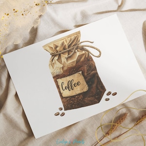 May include: A brown paper bag filled with coffee beans, tied with twine. The bag has a label that says "Coffee". There are a few coffee beans scattered around the bag.