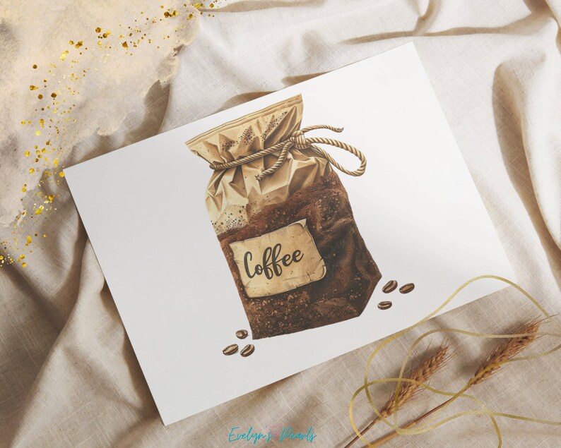 May include: A brown paper bag filled with coffee beans, tied with twine. The bag has a label that says "Coffee". There are a few coffee beans scattered around the bag.