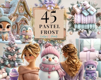 May include: A digital art composition with a winter theme. It features a deer, penguin, snowman, and bear, all wearing winter hats and scarves. The image includes a Christmas tree, gifts, and the text "45 PASTEL FROST".