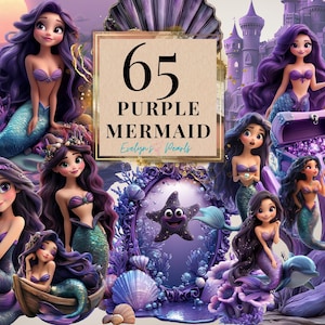 Petite sirène Clipart Jolie sirène violette PNG Sous la mer Clipart créatures de la mer PNG Conte de fées | Clipart à usage commercial transparent
