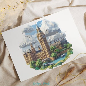 May include: A colorful, geometric illustration of the Houses of Parliament and Big Ben in London, England. The illustration is made up of triangles and squares, and the colors are bright and vibrant. The illustration is set against a blue sky with white clouds.