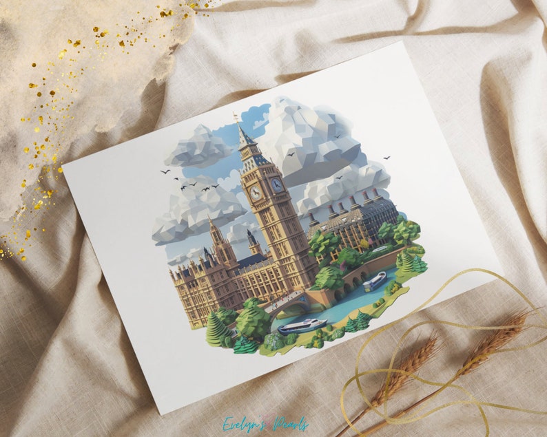 May include: A colorful, geometric illustration of the Houses of Parliament and Big Ben in London, England. The illustration is made up of triangles and squares, and the colors are bright and vibrant. The illustration is set against a blue sky with white clouds.