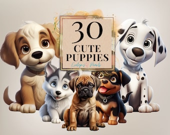May include: A digital illustration of 30 cute puppies. The image features five puppies in various poses, including a Dalmatian, a brown and white puppy, a husky, a brown and black puppy, and a brindle puppy. The text "30 CUTE PUPPIES" is displayed in a brown frame.