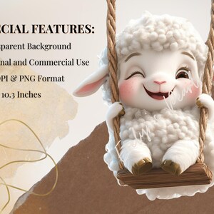 May include: A white fluffy lamb with a happy expression sits on a wooden swing. The lamb is wearing a white fluffy coat and has a pink nose and black eyes. The swing is made of brown wood and rope.