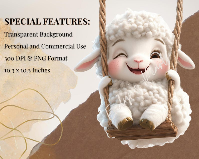 May include: A white fluffy lamb with a happy expression sits on a wooden swing. The lamb is wearing a white fluffy coat and has a pink nose and black eyes. The swing is made of brown wood and rope.