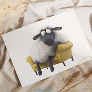 May include: A black and white sheep with a fluffy white coat sits on a yellow couch with its legs crossed. The sheep has a black face and large, round eyes.