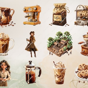 May include: A collection of coffee-themed illustrations, including a coffee maker, a coffee grinder, a coffee cup, a bag of coffee beans, a coffee shop, and a cartoon woman. The illustrations are in a cartoon style and feature warm brown, beige, and green colors.