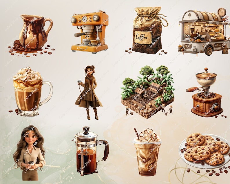 May include: A collection of coffee-themed illustrations, including a coffee maker, a coffee grinder, a coffee cup, a bag of coffee beans, a coffee shop, and a cartoon woman. The illustrations are in a cartoon style and feature warm brown, beige, and green colors.