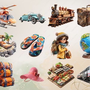May include: A collection of travel-themed items, including a vintage car, a train, a suitcase, a globe, a backpack, a hat, flip-flops, a beach scene, and a plate of food.