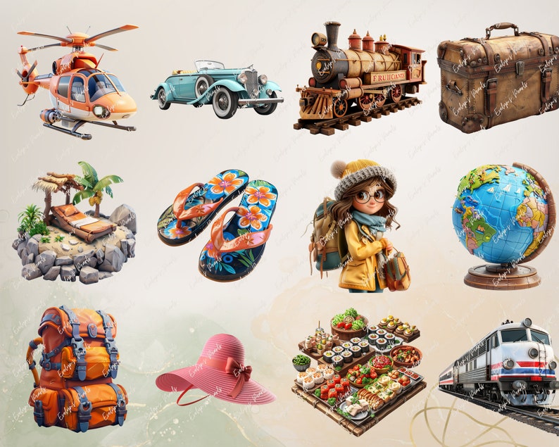May include: A collection of travel-themed items, including a vintage car, a train, a suitcase, a globe, a backpack, a hat, flip-flops, a beach scene, and a plate of food.