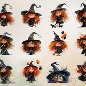 May include: A collection of whimsical illustrations of a witch character with orange curly hair, wearing a black dress and a pointed hat. Some witches hold pumpkins, balloons, or a skateboard. The background is a soft, neutral color.