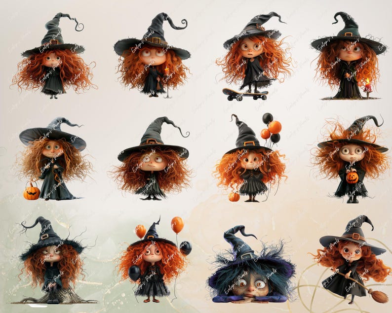 May include: A collection of whimsical illustrations of a witch character with orange curly hair, wearing a black dress and a pointed hat. Some witches hold pumpkins, balloons, or a skateboard. The background is a soft, neutral color.