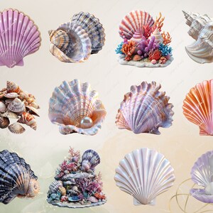 Pu&ograve; includere: Una collezione di conchiglie di vari colori e forme, tra cui rosa, bianco, arancione e iridescente. Alcune conchiglie sono aperte, rivelando una perla all'interno. Altre sono chiuse, mostrando intricati motivi e trame. Le conchiglie sono disposte su uno sfondo chiaro.