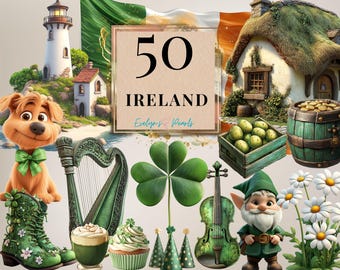 May include: A digital collage featuring Irish imagery, including a lighthouse, a cottage, a harp, shamrocks, a violin, a leprechaun, and a cupcake. The text "50 Ireland" is displayed in a banner.